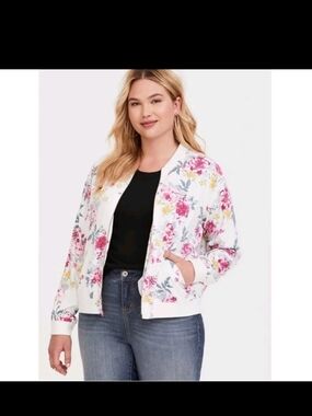 torrid White Floral Bomber Jacket with Pink and Yellow Blooms